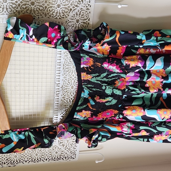 Tropical Floral Pink and Orange Sleeveless Sundress Midi Ruffled sz L - Picture 9 of 13